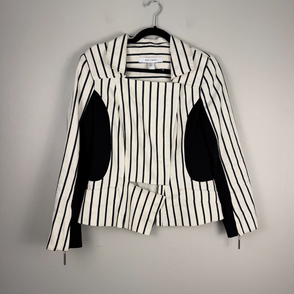 Andy Thé-Anh Blazer Womens 8 Black White Striped Asymmetric Hem Partywear Career
